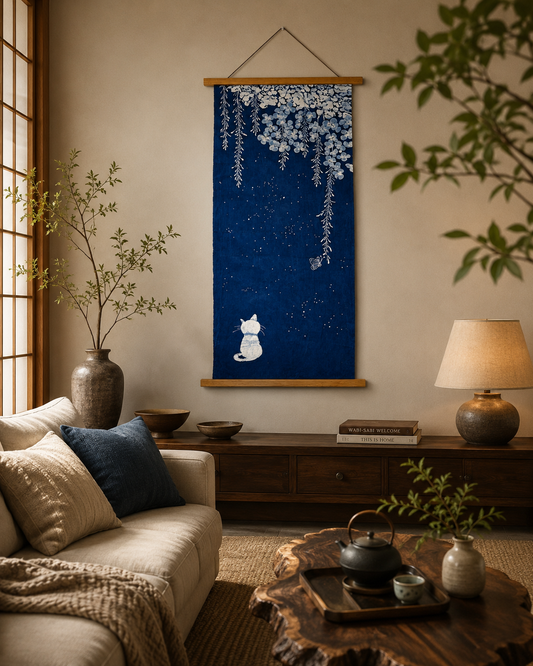 Handmade Indigo Batik Starry Night Wall Hanging, Moonlit Cat & Butterfly Textile Art, Zen Home Décor