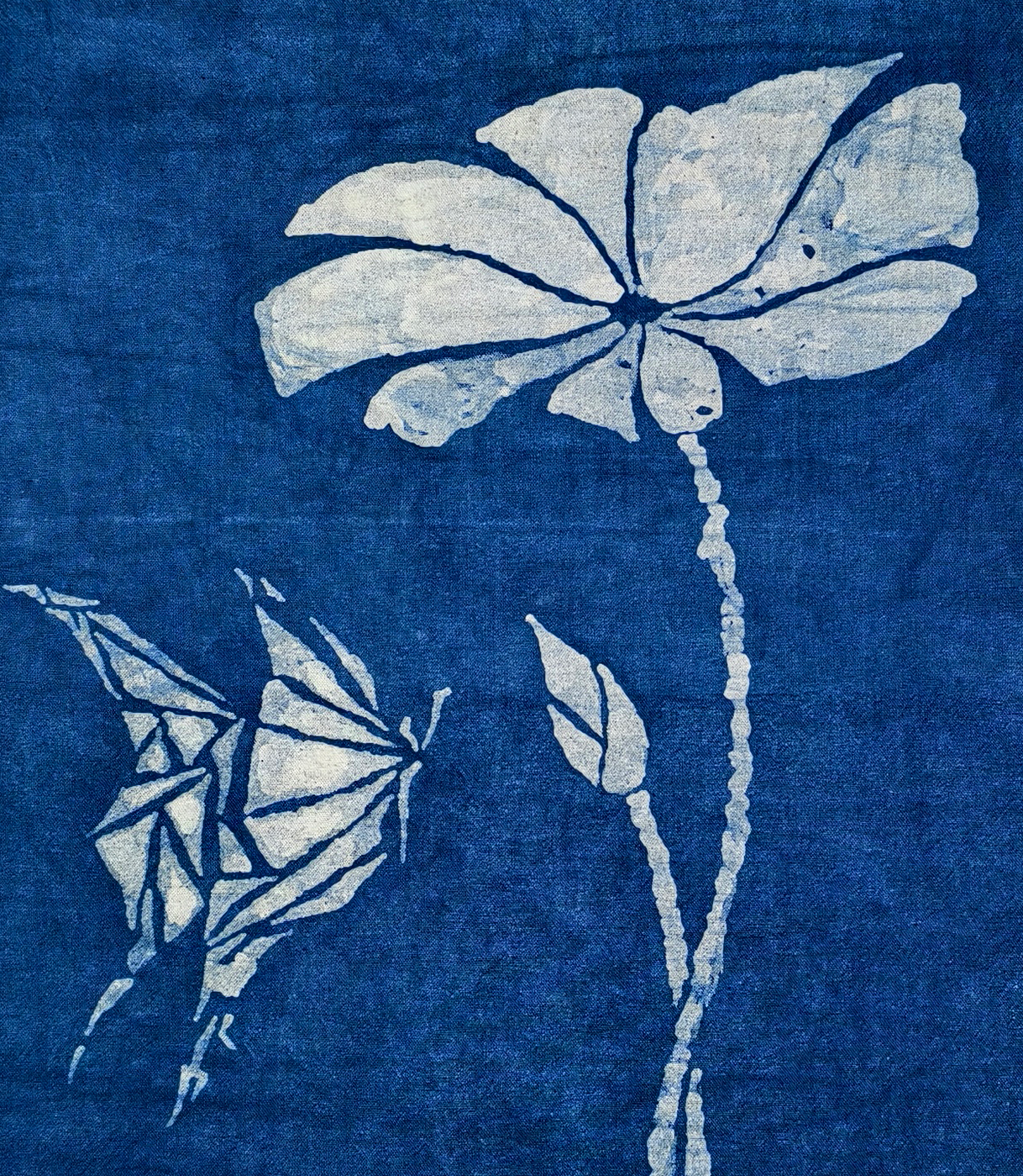 Handmade Indigo Batik Lotus Butterfly Wall Hanging, Textile Wall Art, Cotton Home Décor, Wabi-Sabi Zen Art