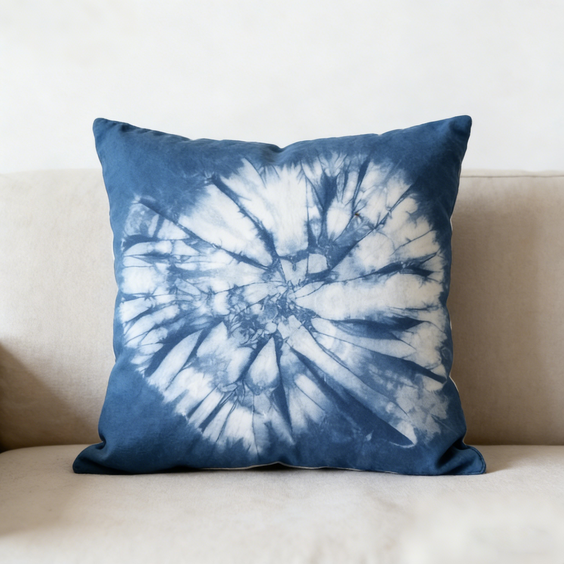 Blue tie-dye pillow on a beige couch