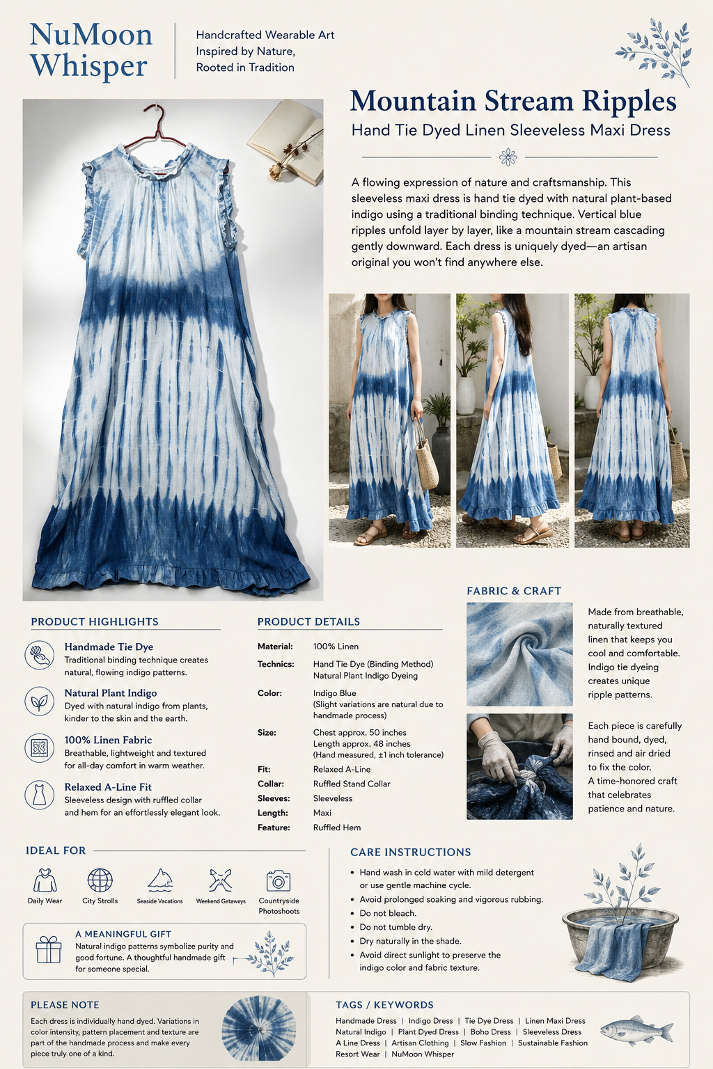 Handmade Indigo Tie-Dye Linen Maxi Dress | Natural Plant Dyed Sleeveless Boho Dress | Relaxed A-Line Dress