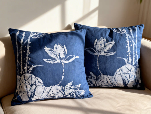 Two blue pillows with white floral patterns on a beige couch.