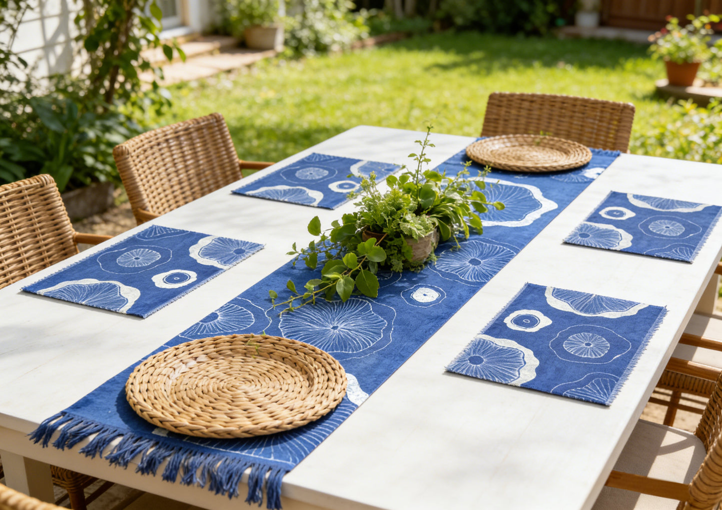 Outdoor table setting with blue patterned placemats and woven plates.