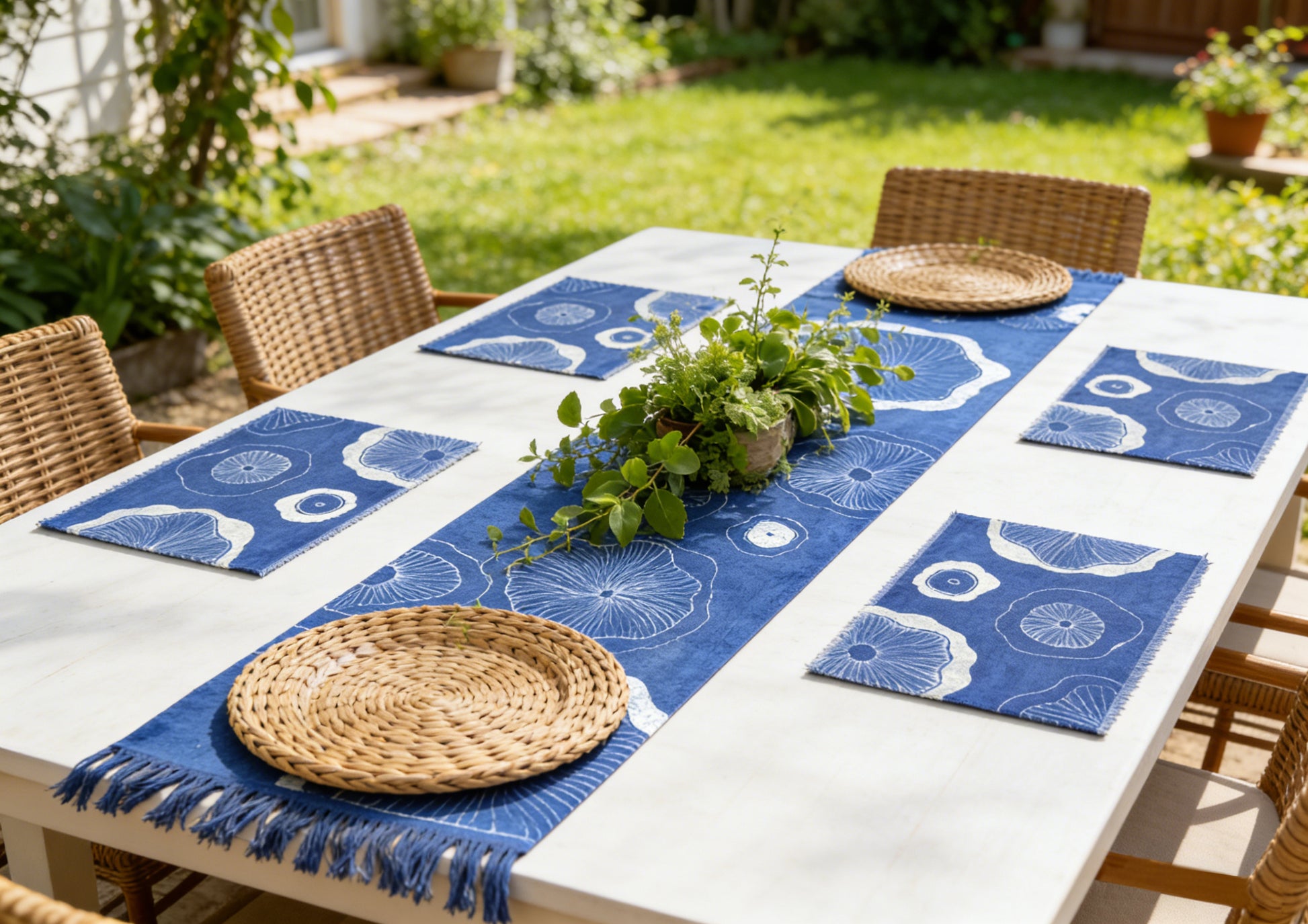 Outdoor table setting with blue patterned placemats and woven plates.