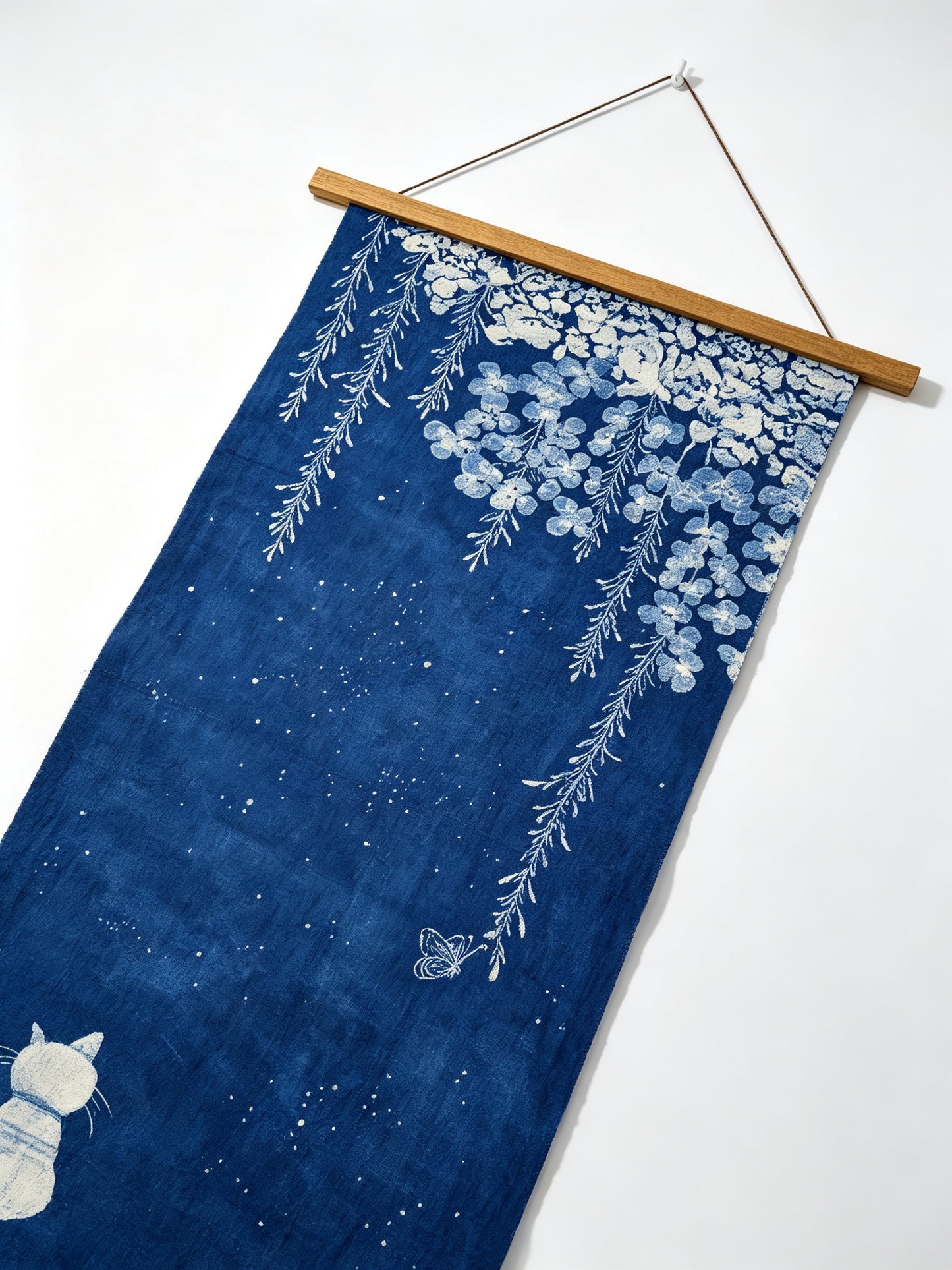 Handmade Indigo Batik Starry Night Wall Hanging, Moonlit Cat & Butterfly Textile Art, Zen Home Décor