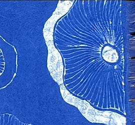 Close-up of a blue fabric with white floral pattern