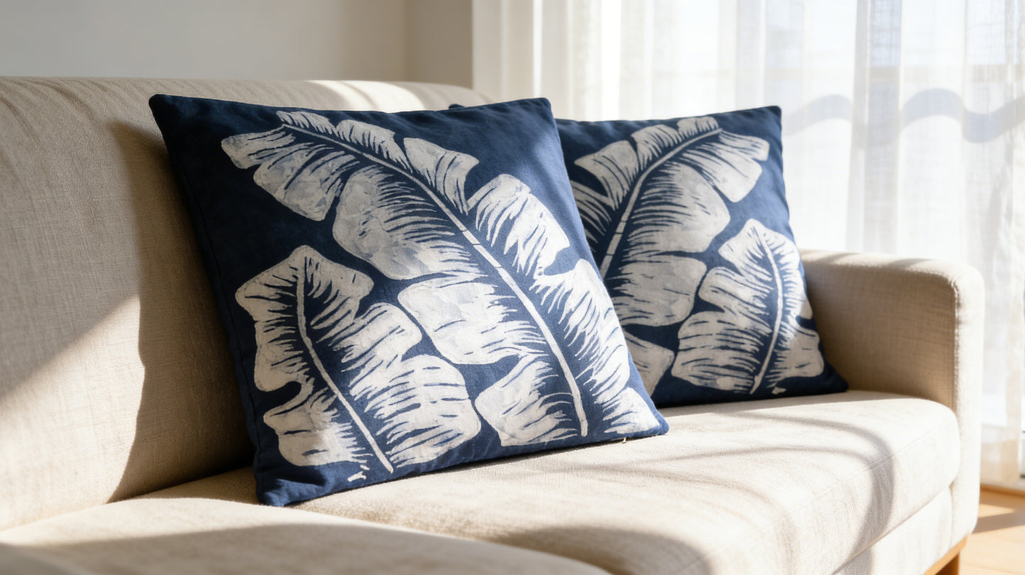Indigo Batik Pillow Cover – Hand-painted Indigo Tie-Dye Pillow Covers, Banana Leaf Shadow, Zen Home Decor, Hand-dyed Cotton Boho Farmhouse Decor #BH06F