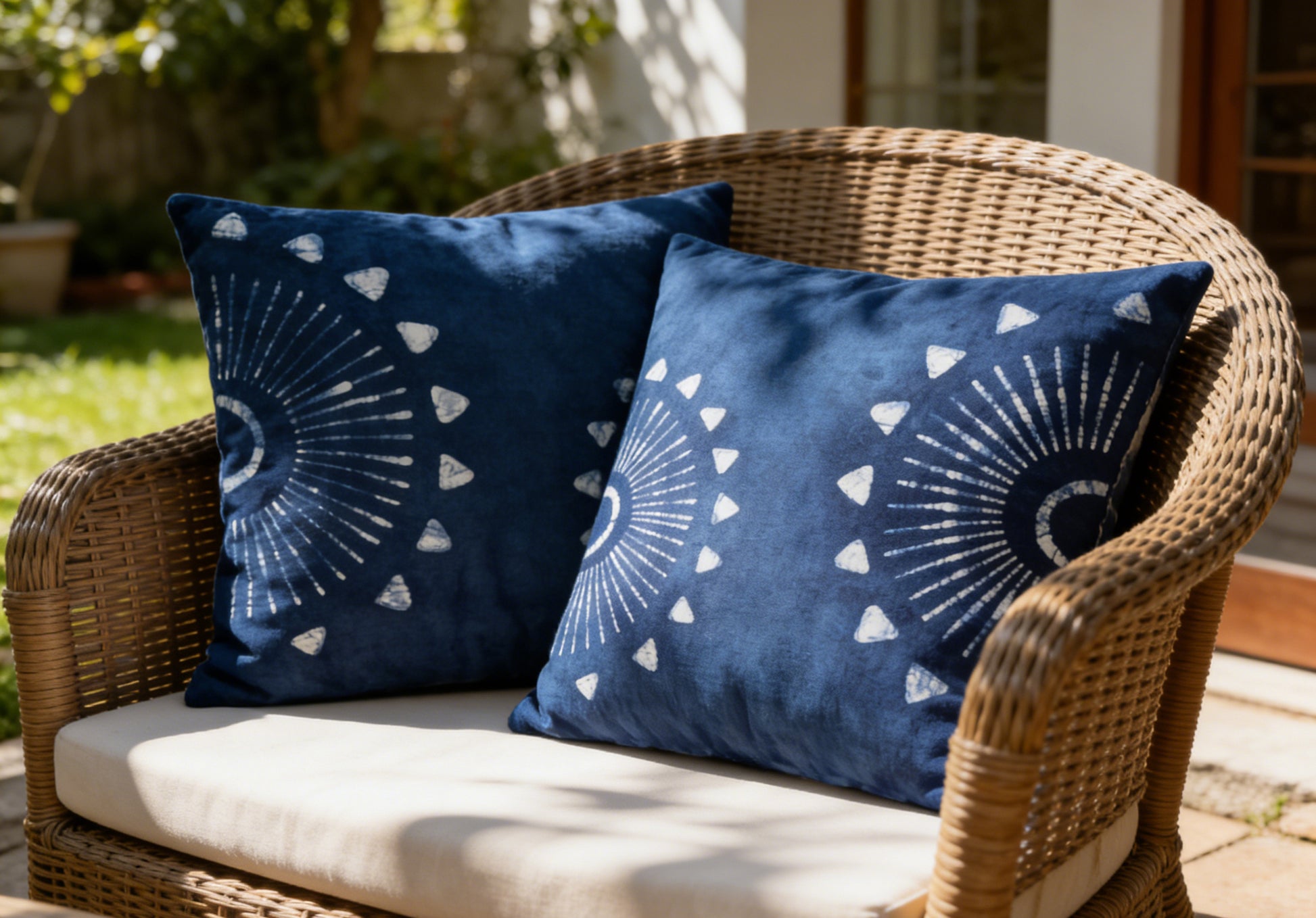 Two blue pillows with white patterns on a wicker chair outdoors.