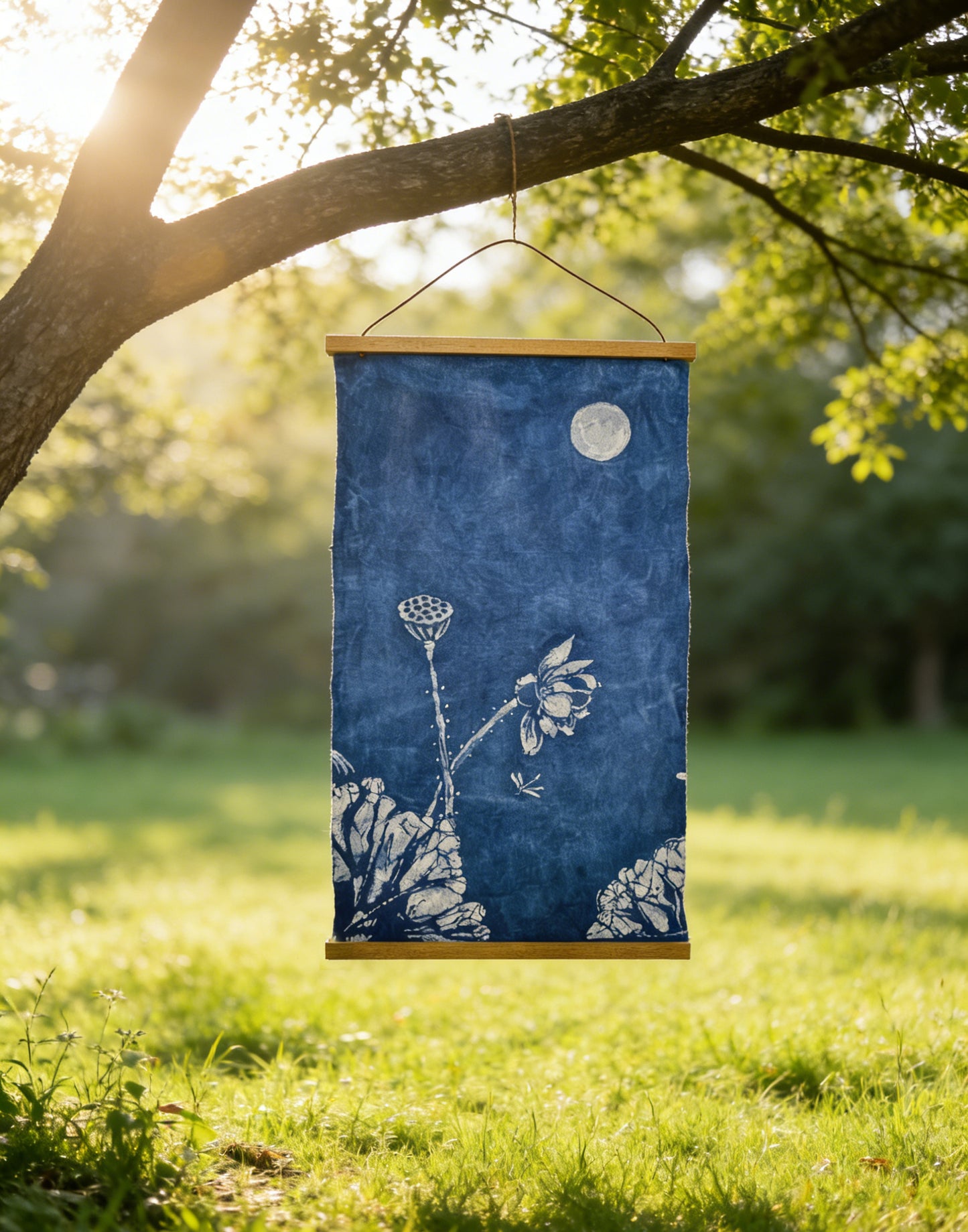 Blue floral fabric hanging from a tree in a grassy field