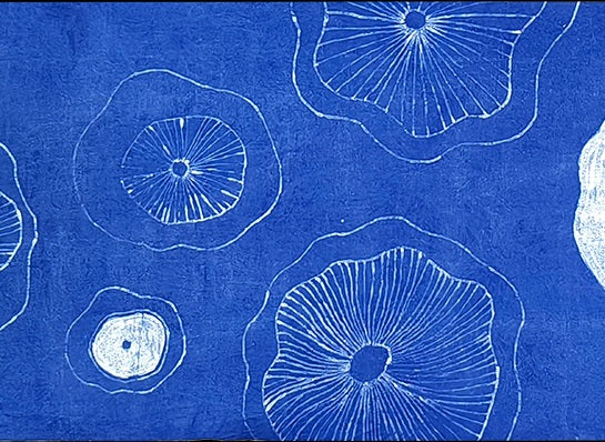 Hand-Painted Batik, Indigo Dyed Table Runner, Indigo Shibori Table Runner, Hand Dyed Cotton Table Runner, Green Lotus Reflected in Water, Japandi Table Decor,Blue  White Table Linen, Japanese Farmhouse Centerpiece #BH22B