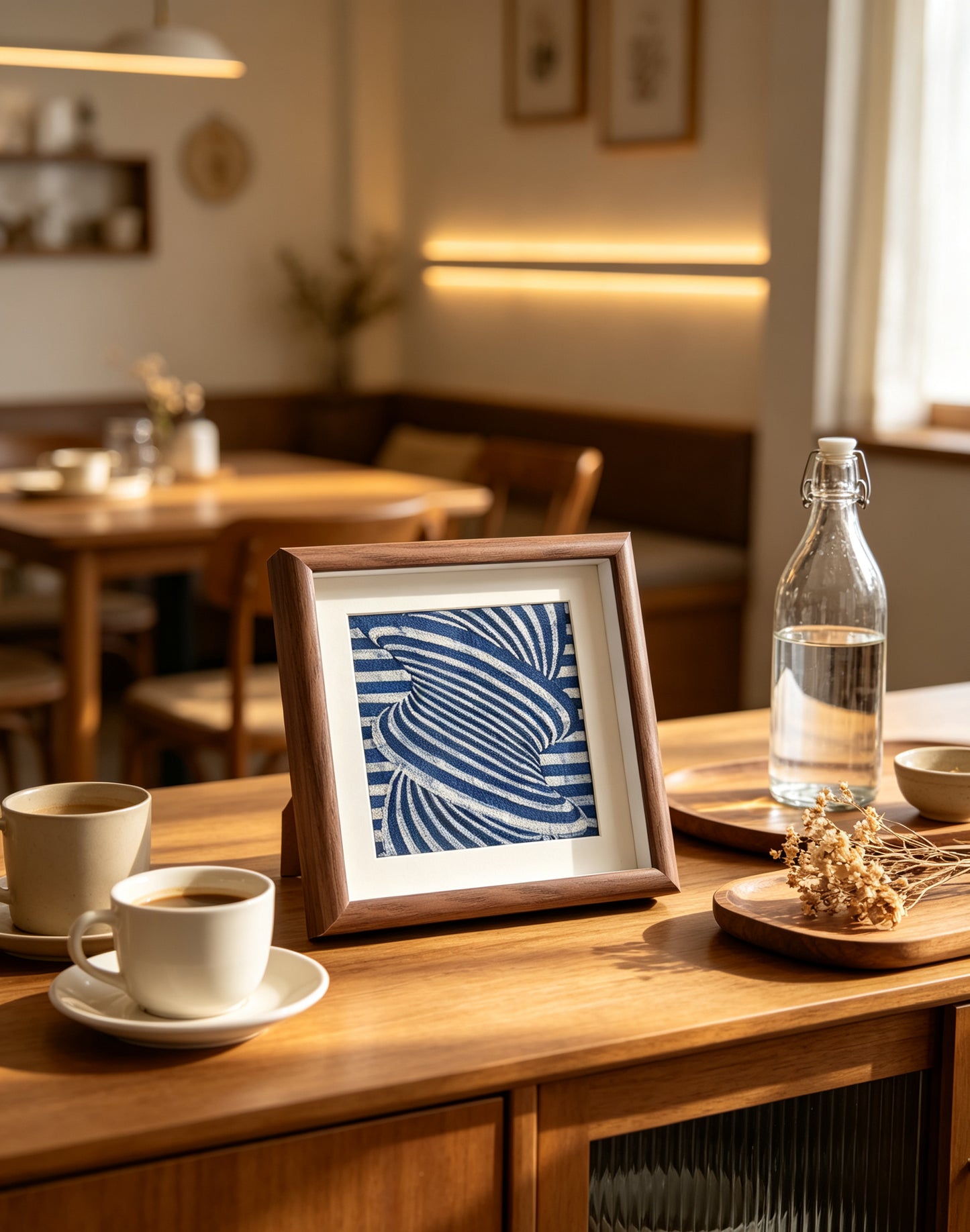 Handmade Indigo Batik Geometric Wall Art, Wood Framed Textile Art, Modern Abstract Indigo Home Décor