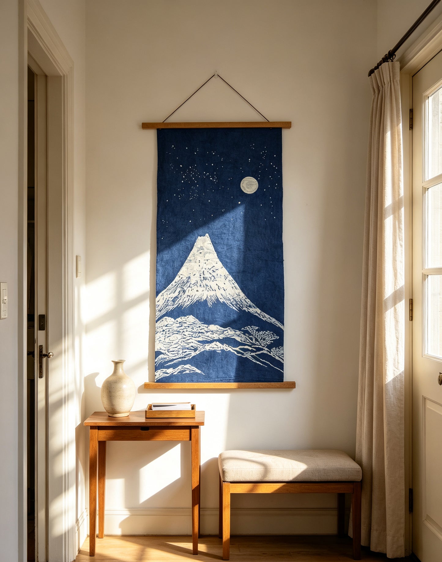 Handmade Indigo Batik Snow Mountain Wall Hanging, Moonlit Landscape Textile Art, Zen Home Décor, Cotton Wall Art
