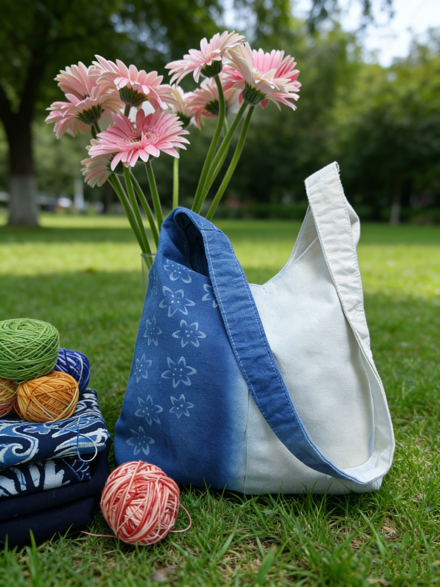 Blue and white tote bag with flowers and yarn on grass