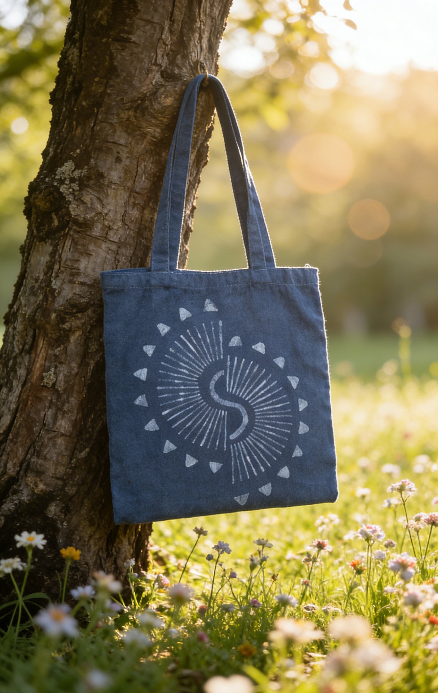 Blue tote bag with a white design hanging on a tree in a field with flowers