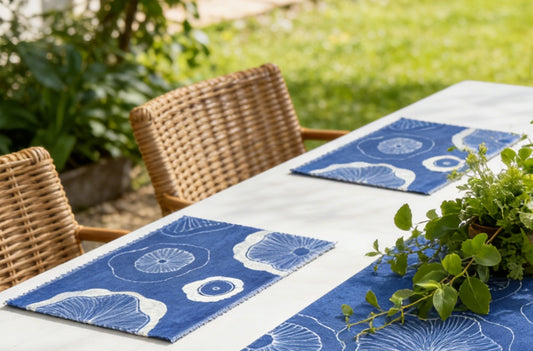 Set of 2 Hand-Dyed Batik, Indigo Shibori Cotton Linen Placemat, Hand-Painted Green Lotus in Bloom, Blue White Dye #BH19B