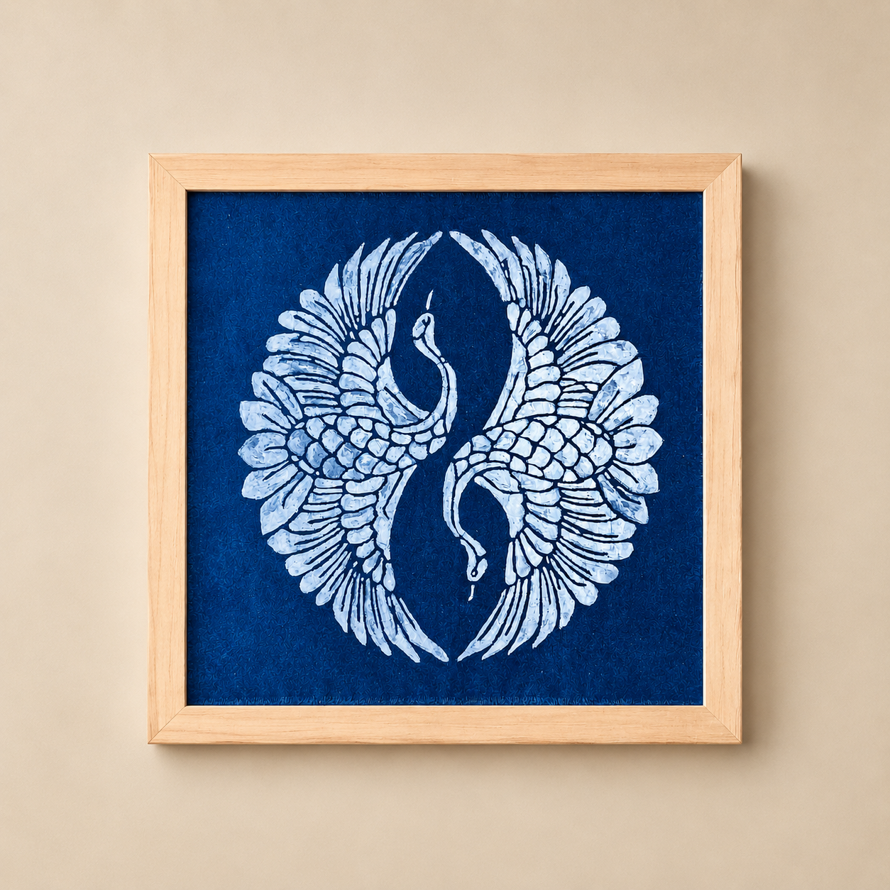 Indigo Batik Twin Cranes Linen Wall Art | Handmade Taiji Yin Yang Textile | Traditional Wax Resist Batik | Zen Home Décor | Meaningful Gift