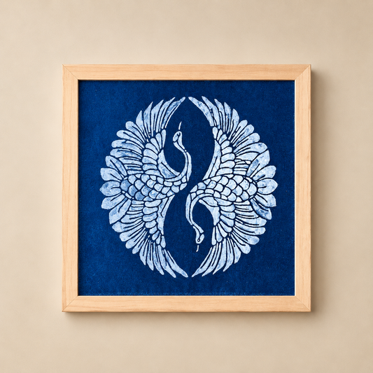 Indigo Batik Twin Cranes Linen Wall Art | Handmade Taiji Yin Yang Textile | Traditional Wax Resist Batik | Zen Home Décor | Meaningful Gift