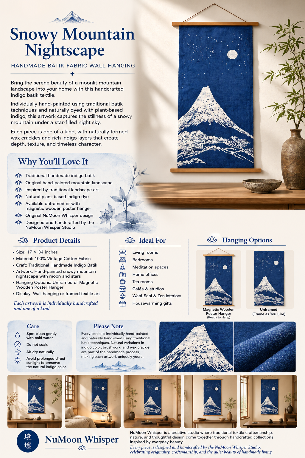 Handmade Indigo Batik Snow Mountain Wall Hanging, Moonlit Landscape Textile Art, Zen Home Décor, Cotton Wall Art