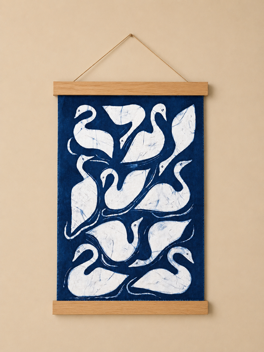 Indigo Batik Swan Wall Art | Handmade Linen Textile | Traditional Wax Resist Batik | Japandi Home Décor | Zen Wall Art | Meaningful Gift