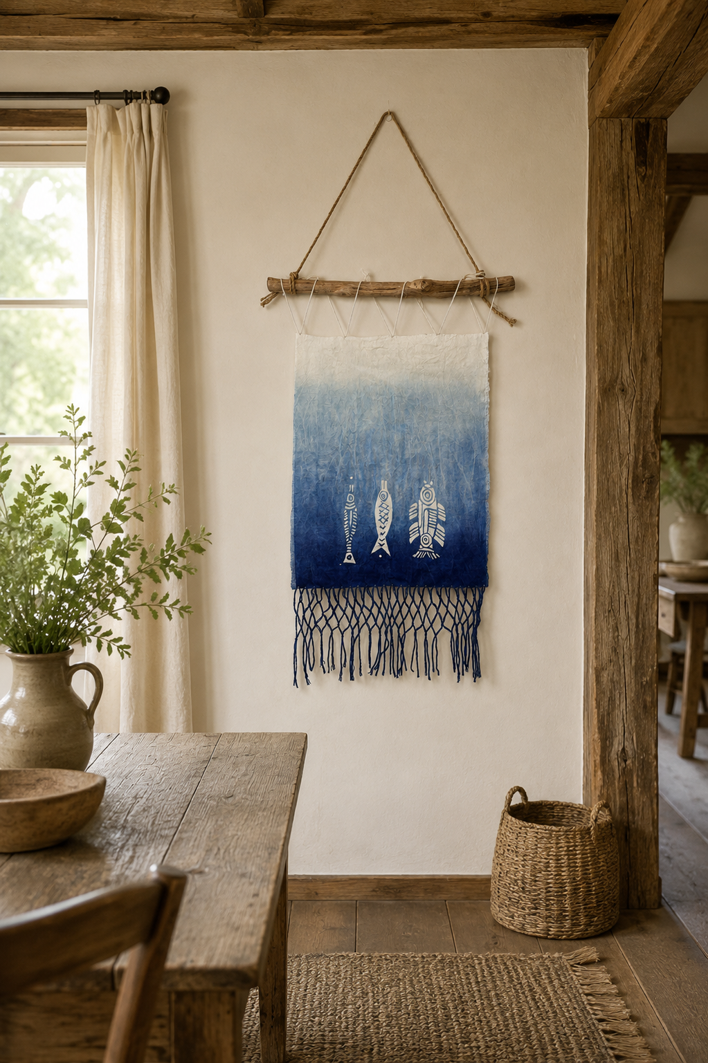 Handmade Han Dynasty Fish Batik Wall Hanging, Indigo Macramé Tapestry, Boho Wall Décor, Chinese Lucky Fish Art