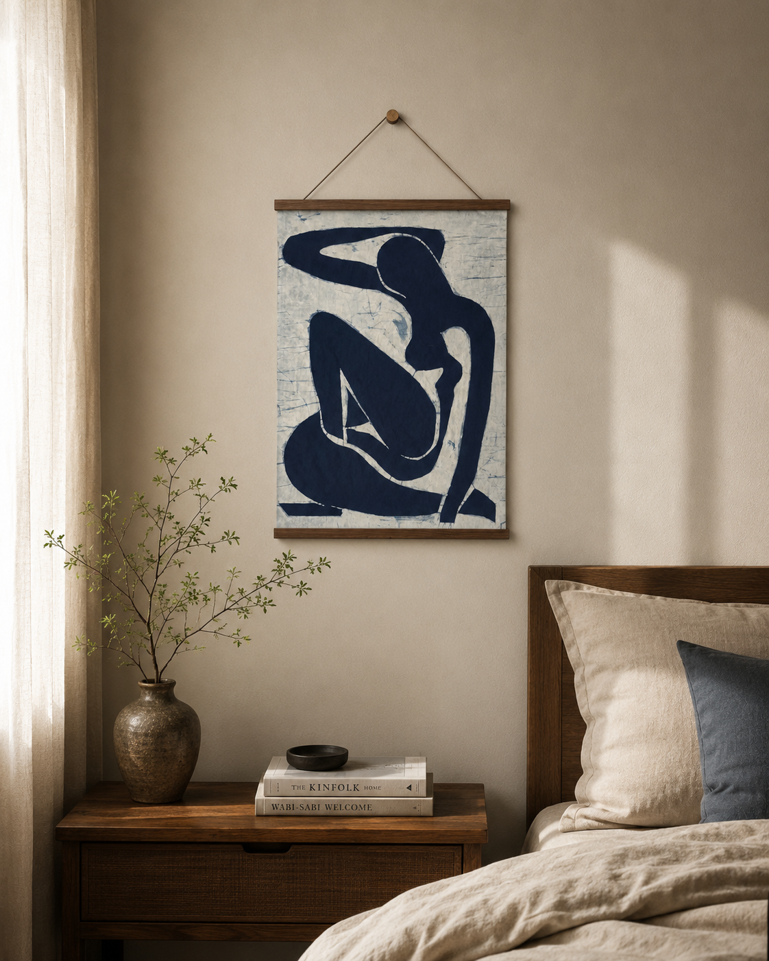 Handmade Indigo Batik Wall Art | Homage to Matisse Blue Nude | Abstract Figurative Textile Art on Linen | Modern Minimalist Framed Decor