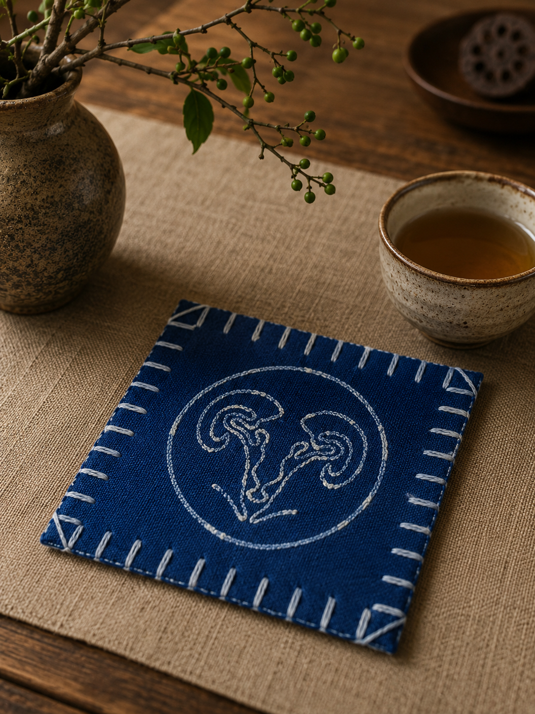 Handmade Indigo Batik Zodiac Coasters, Set of 12 Chinese Zodiac Tea Coasters, Nüshu Embroidered Cotton Drink Coasters