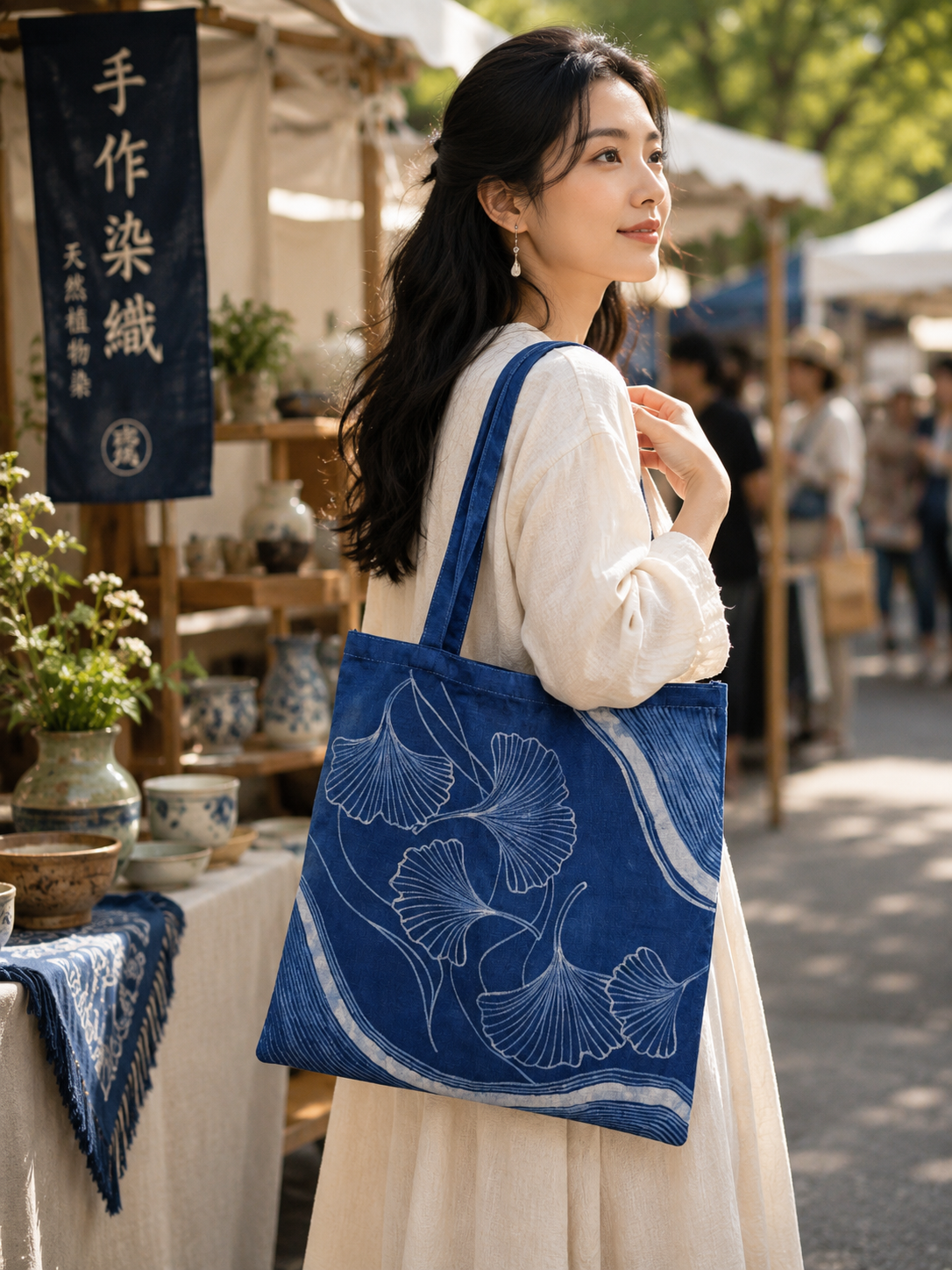 Handmade Indigo Batik Ginkgo Tote Bag, Large Cotton Canvas Shoulder Bag, Eco-Friendly Everyday Market Tote