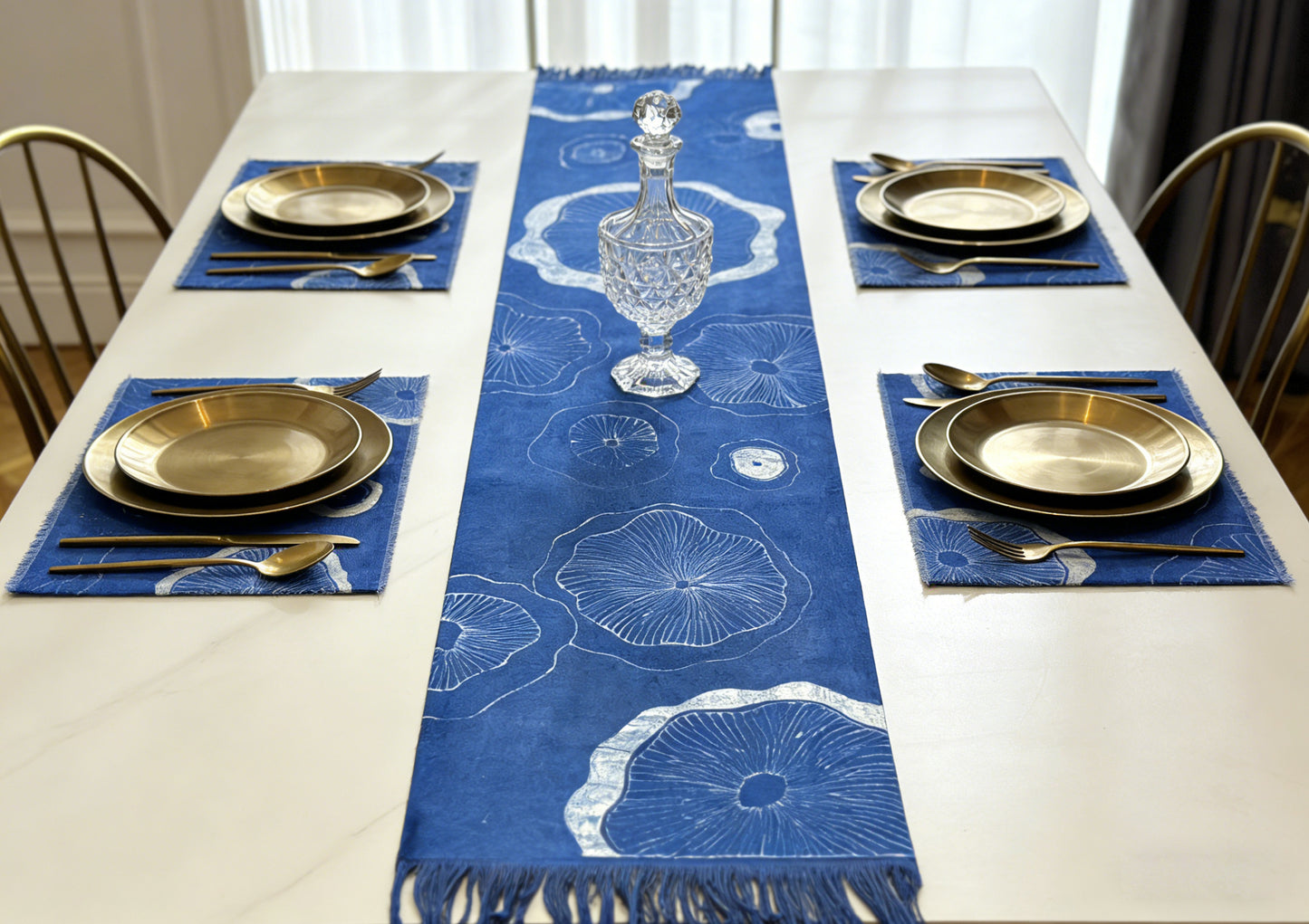 Hand-Painted Batik, Indigo Dyed Table Runner, Indigo Shibori Table Runner, Hand Dyed Cotton Table Runner, Green Lotus Reflected in Water, Japandi Table Decor,Blue  White Table Linen, Japanese Farmhouse Centerpiece #BH22B
