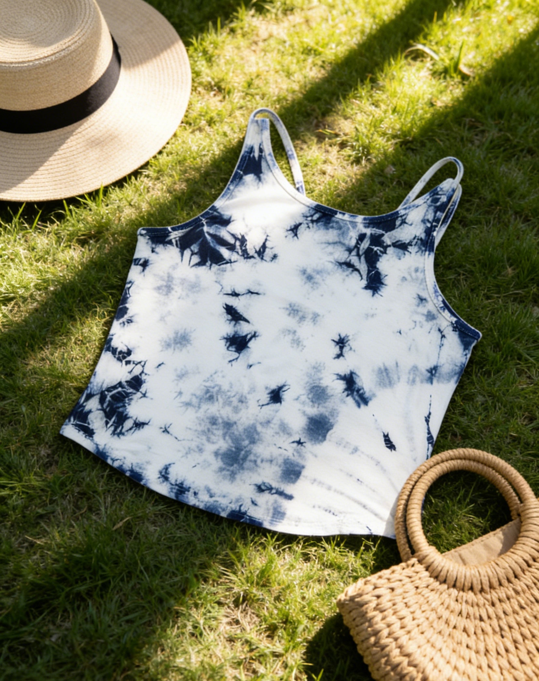 Tie-dye tank top on grass with a straw hat and bag