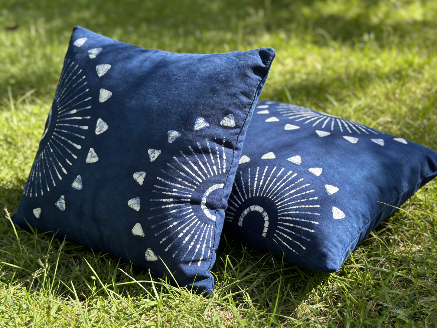 Indigo Batik Pillow Cover – "Twin Suns" Hand-painted Batik S-shaped Radial Pillow Covers | Oriental Zen Boho Home Decor, Zen Home Decor, Hand-dyed Cotton Boho Farmhouse Decor #BH06K