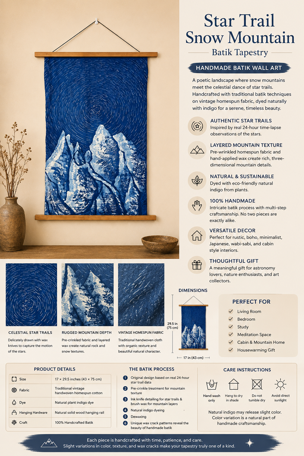 Star Trail Snow Mountain Batik Wall Hanging | Handmade Indigo Tapestry | Rustic Farmhouse Wall Art | Wabi-Sabi Textile Decor  Astronomy Gift
