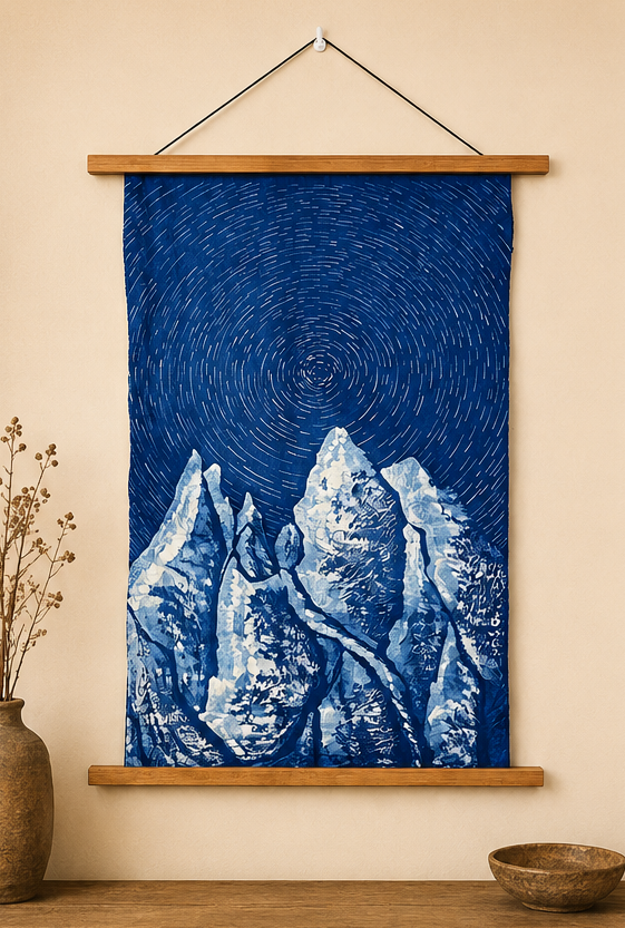 Star Trail Snow Mountain Batik Wall Hanging | Handmade Indigo Tapestry | Rustic Farmhouse Wall Art | Wabi-Sabi Textile Decor  Astronomy Gift