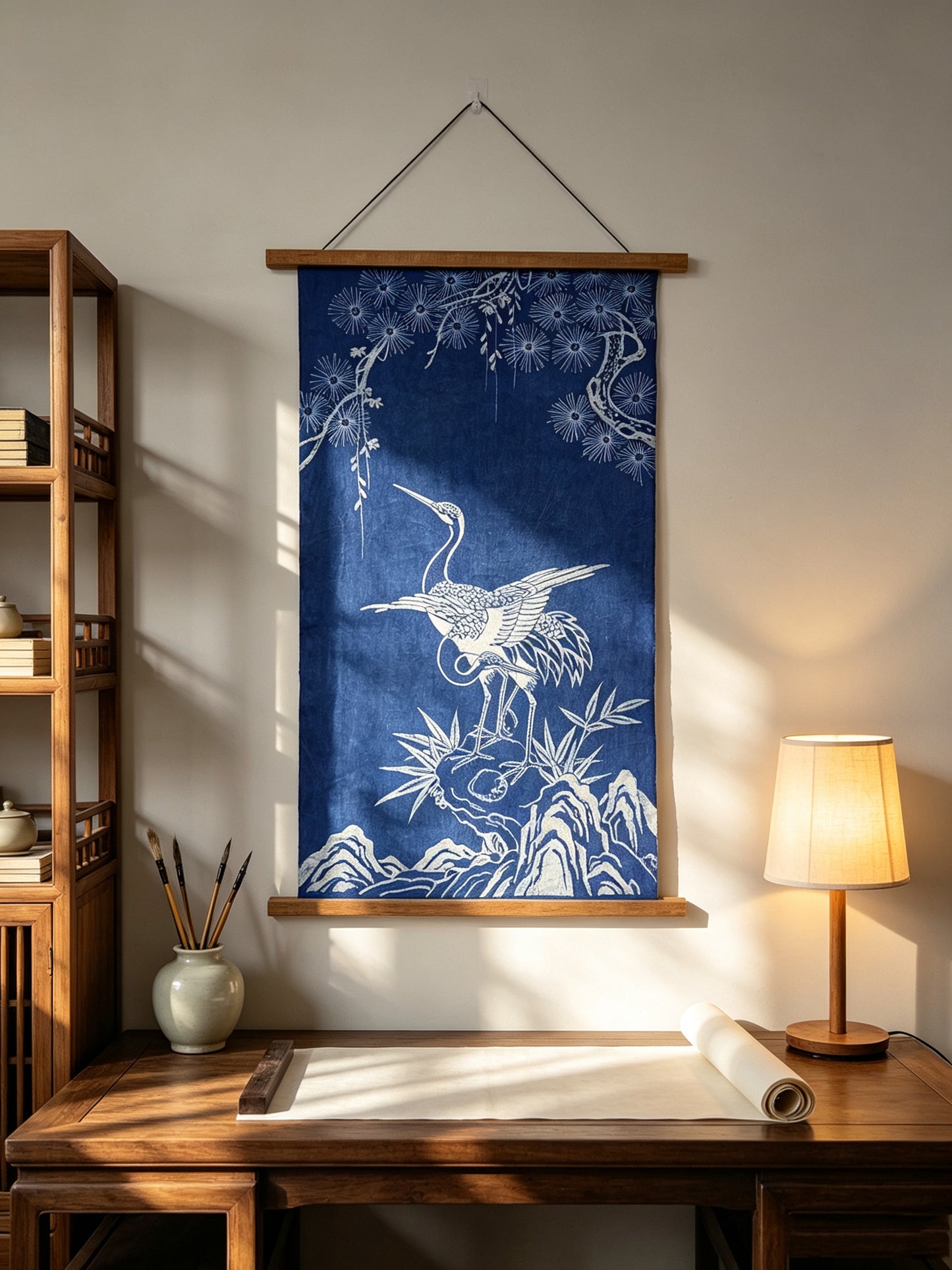 Handmade Indigo Batik Pine & Crane Wall Hanging, Chinese Longevity Textile Art, Zen Home Décor, Cotton Wall Art