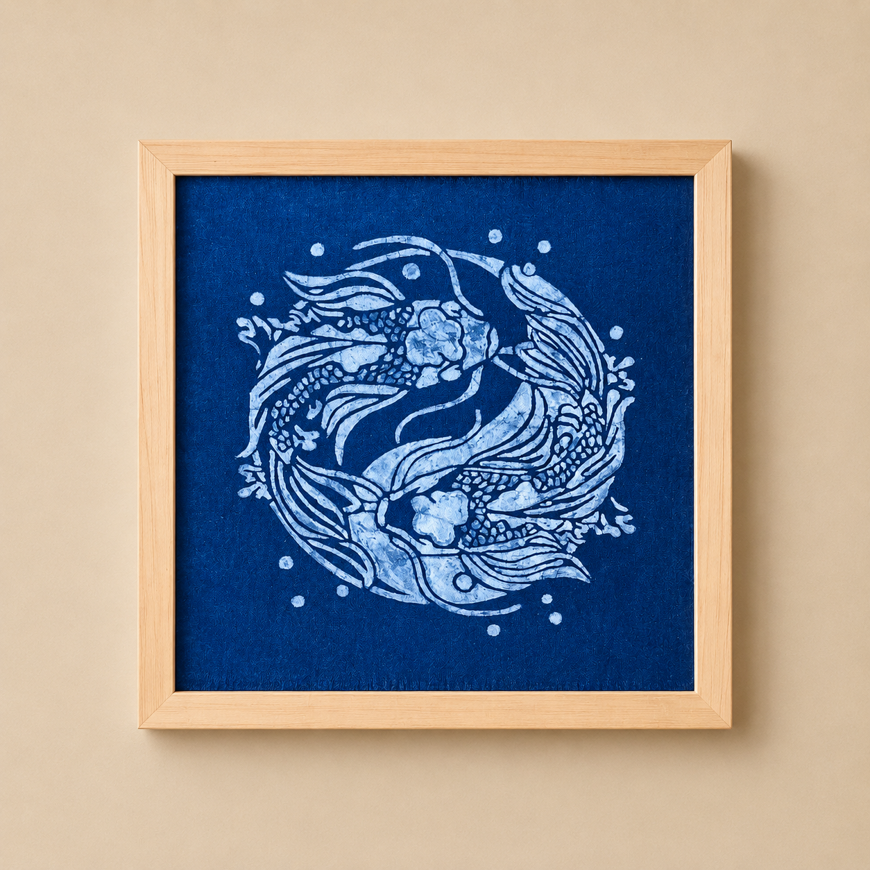 Indigo Batik Twin Koi Linen Wall Art | Handmade Taiji Yin Yang Textile | Traditional Wax Resist Batik | Zen Home Décor | Meaningful Gift