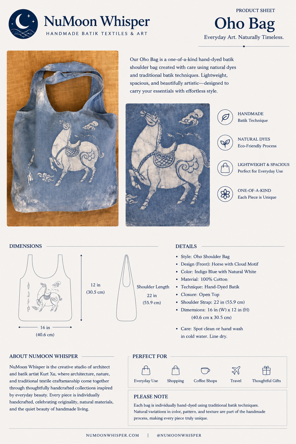 Hand-Dyed Indigo Batik Horse Tote Bag, Blue & White Cotton Shoulder Bag, Horse Lover Gift, One of a Kind Artisan Bag
