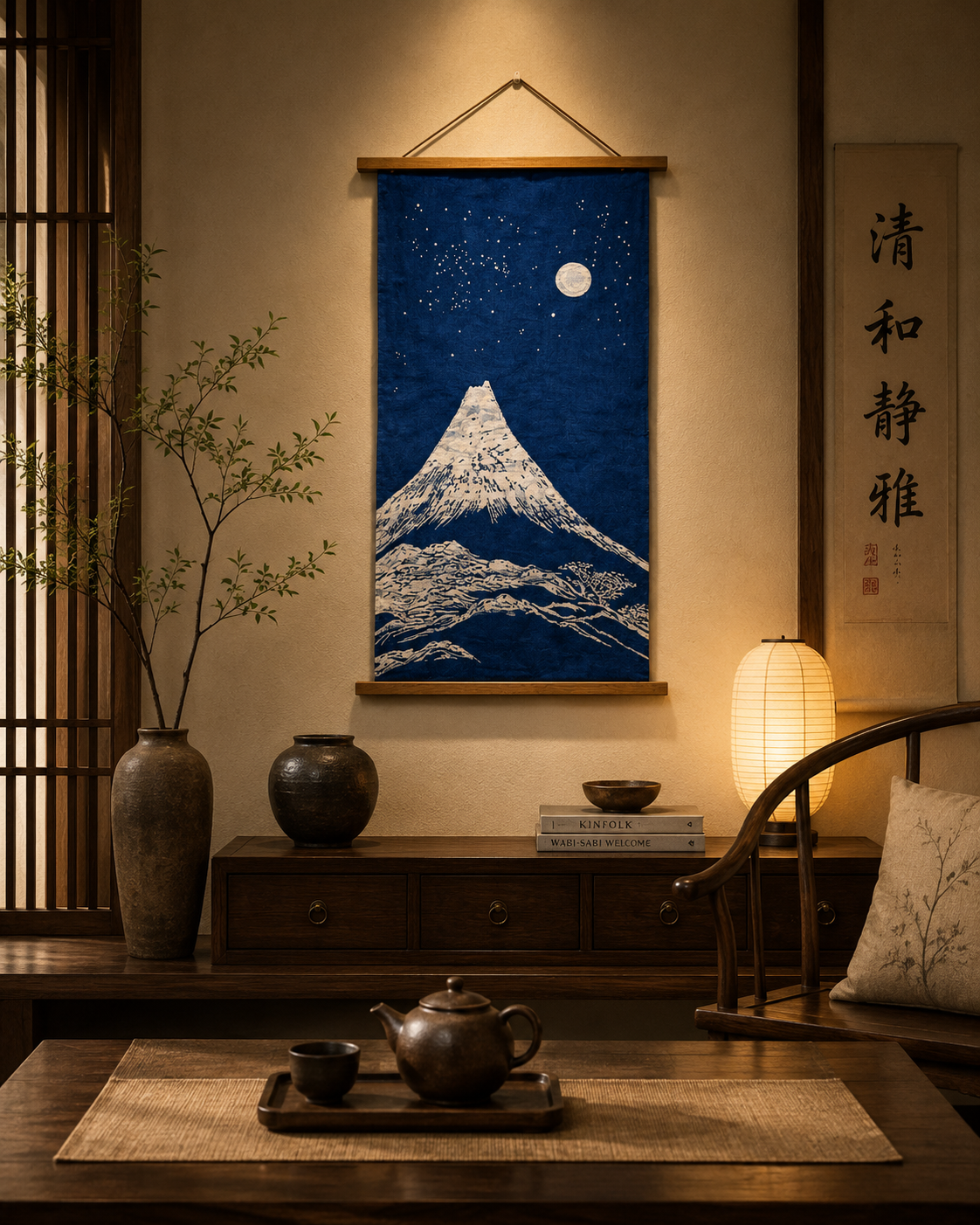 Handmade Indigo Batik Snow Mountain Wall Hanging, Moonlit Landscape Textile Art, Zen Home Décor, Cotton Wall Art