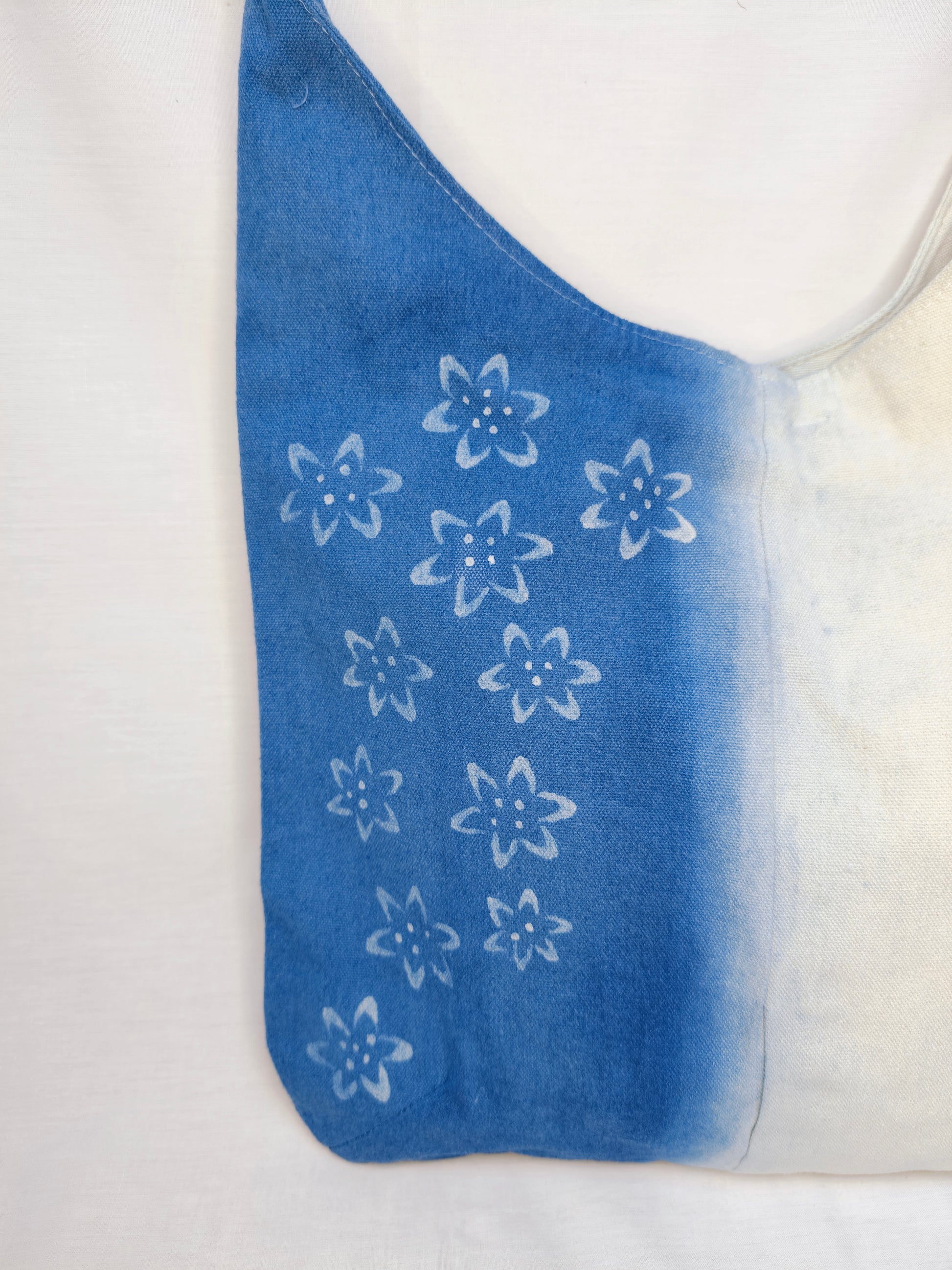 Blue floral-patterned towel on a white background