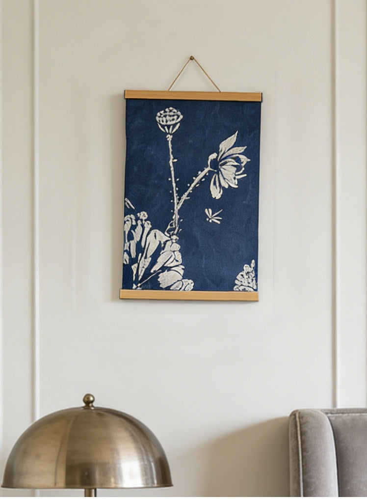 Indigo Batik Wall Hanging, Lotus Charm Handmade Batik Wall Art  Oriental Ink Wash Zen Entryway Decor Textile Wall Decor, Blue White Zen Wall Art, Framed Cotton Tapestry #BW18B