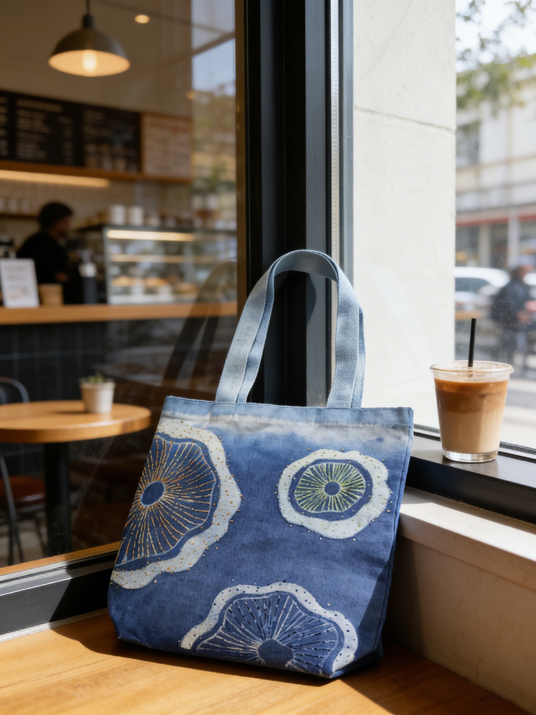 Blue tote bag with floral patterns on a table in a cafe.