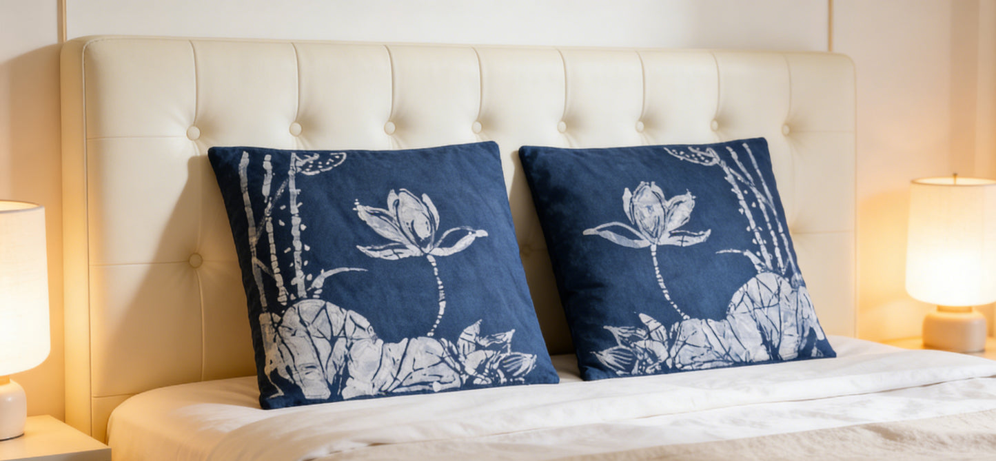 Indigo Batik Pillow Cover – "Lotus Breeze" Hand Painted Batik Pillow Covers, Zen Home Decor, Hand-painted Cotton Boho Farmhouse Decor #BH06G