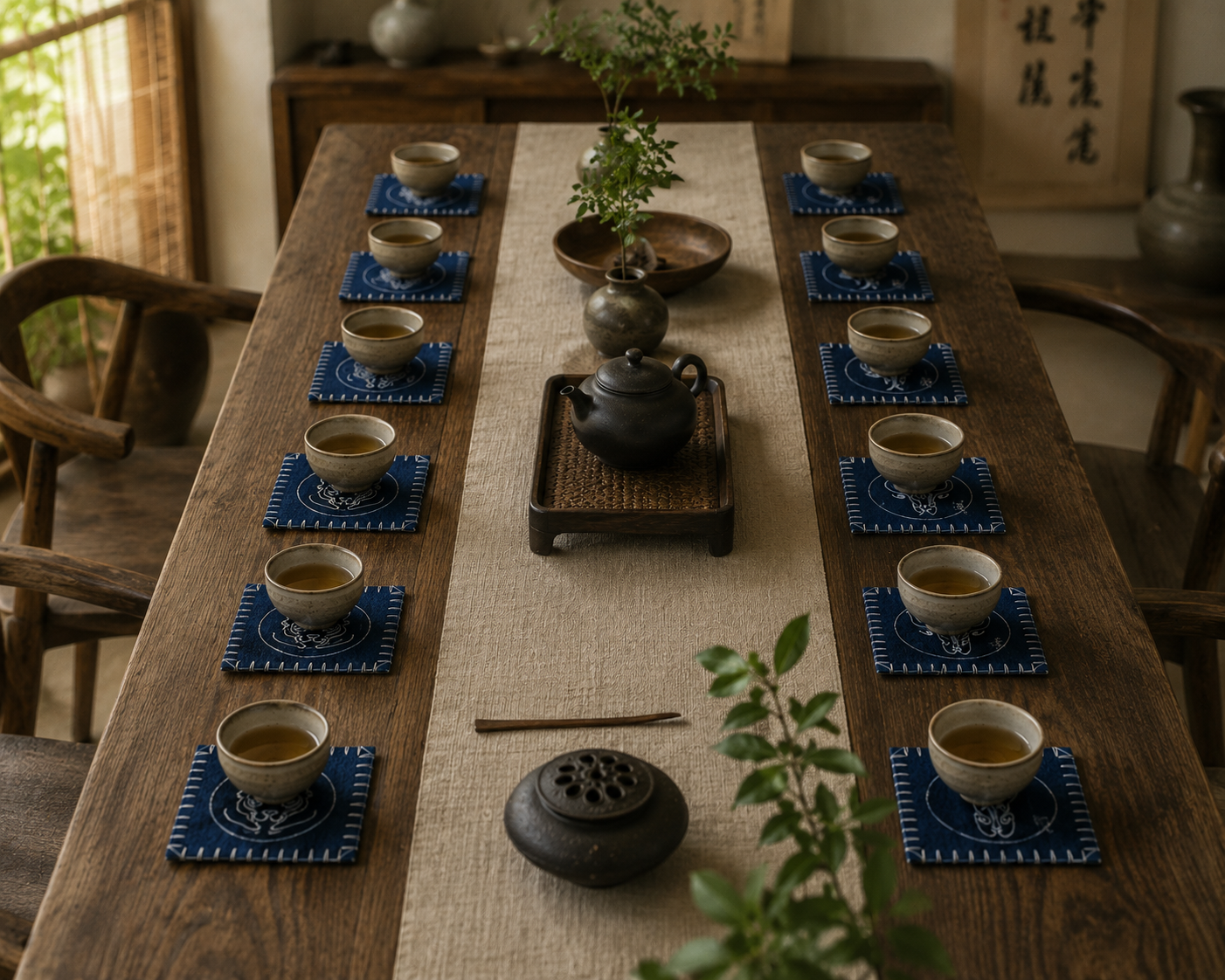 Handmade Indigo Batik Zodiac Coasters, Set of 12 Chinese Zodiac Tea Coasters, Nüshu Embroidered Cotton Drink Coasters