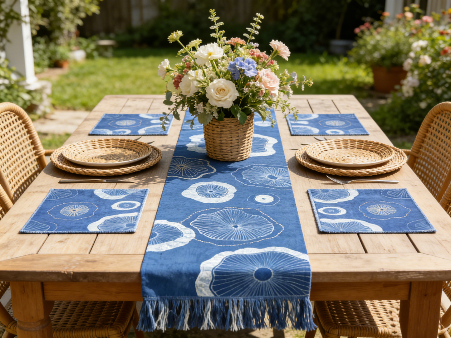 Hand-Painted Batik, Indigo Dyed Table Runner, Indigo Shibori Table Runner, Hand-Dyed Cotton Table Runner, Lotus in Water, Blue  White Table Linen, Farmhouse Centerpiece #BH22C
