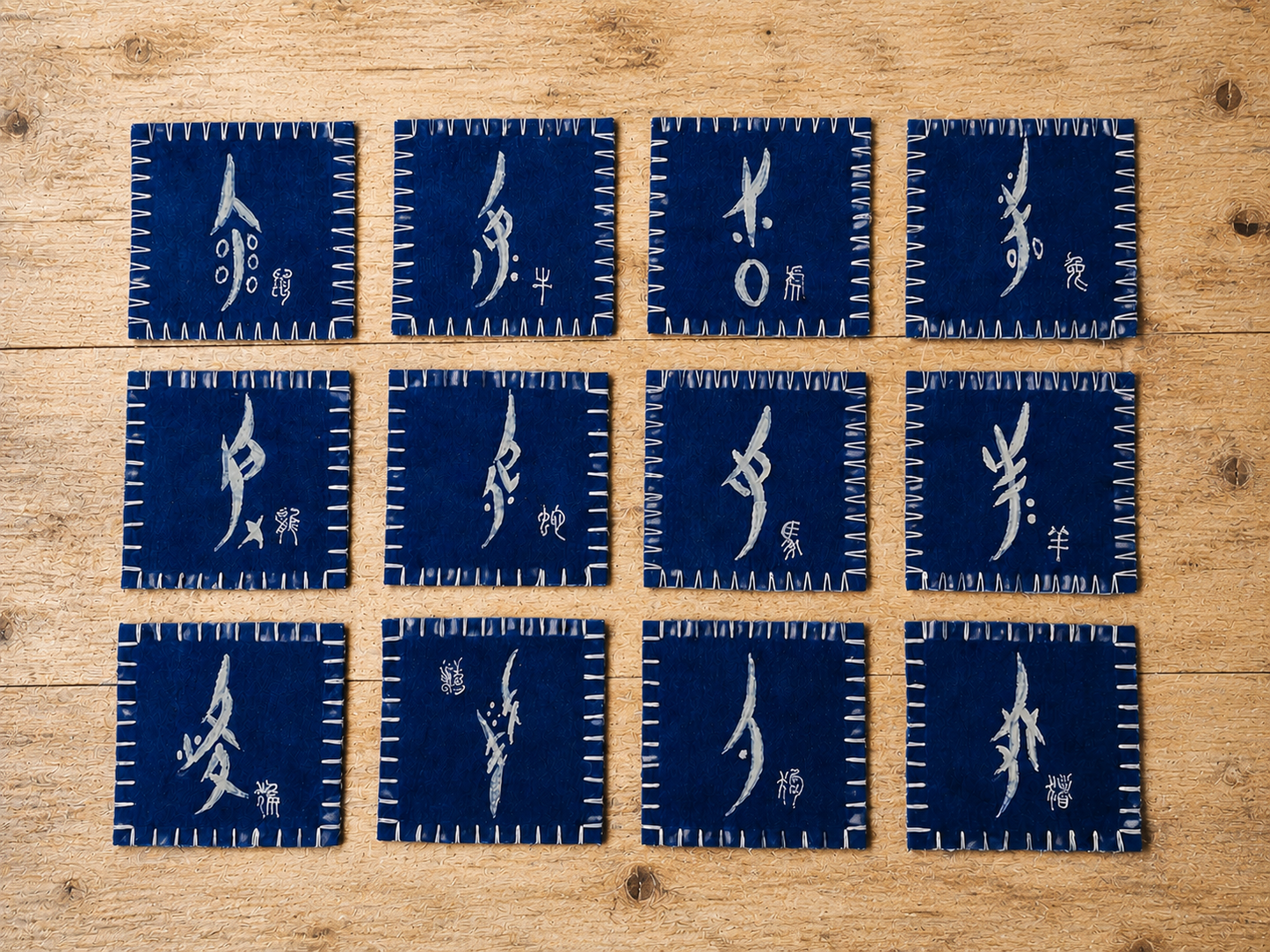 Handmade Indigo Batik Zodiac Coasters, Set of 12 Chinese Zodiac Tea Coasters, Nüshu Embroidered Cotton Drink Coasters