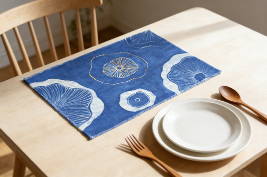 Blue and white placemat on a wooden table with plates and cutlery.