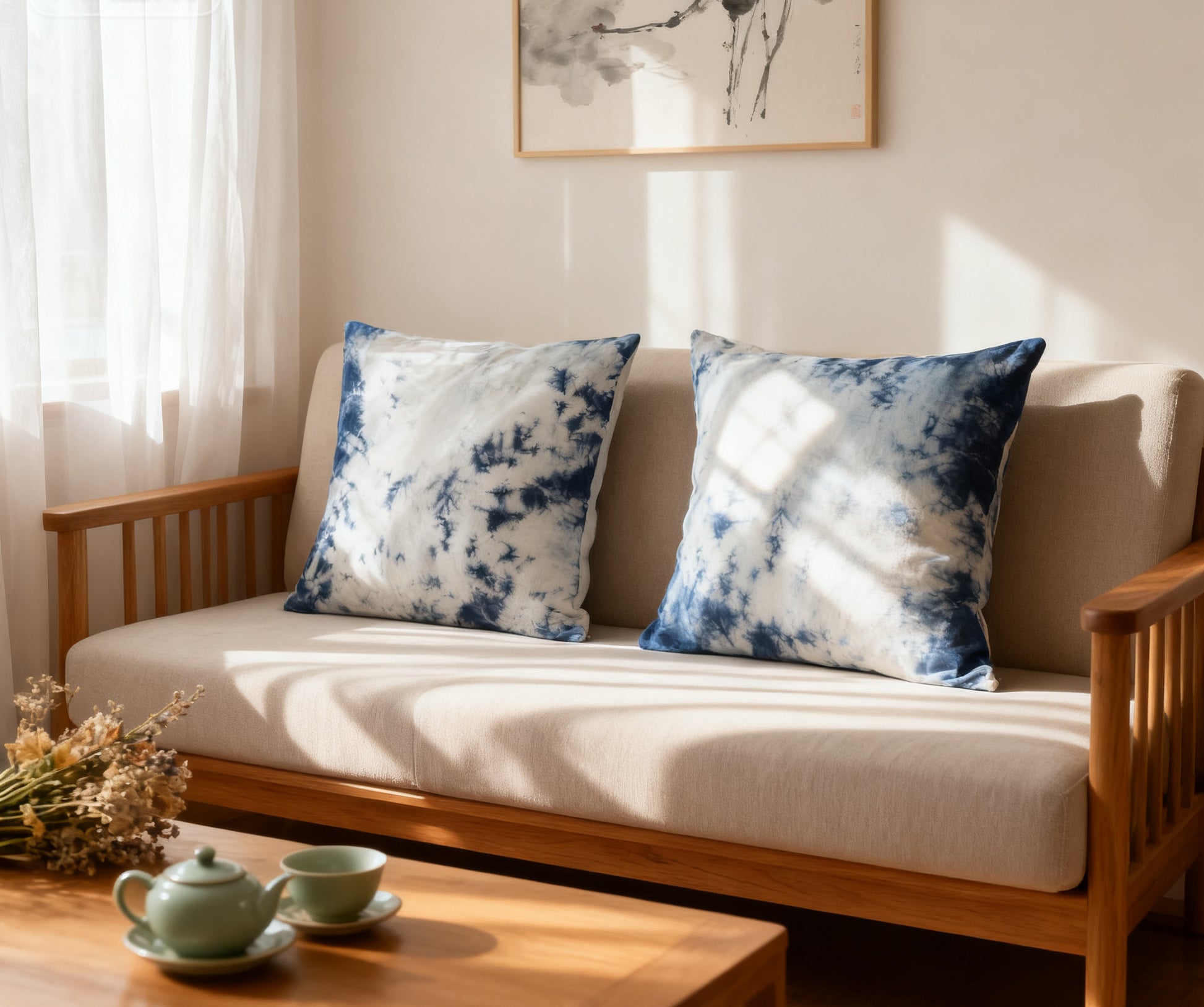 Sofa with blue and white patterned cushions in a living room setting.