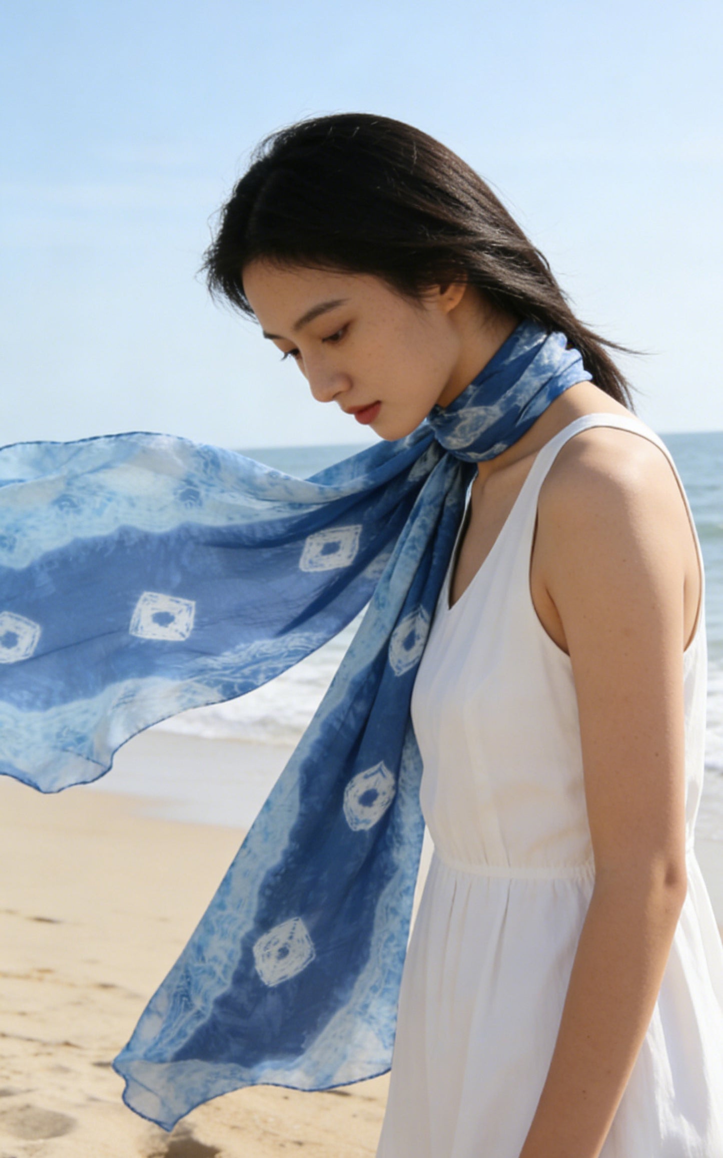 Indigo Tie Dye Scarf, Wave-Stamped Starry Galaxy Shawl,  Cotton Scarf Wrap, Travel Accessory, Blue Batik Shawl, Shibori Scarf, Art to Wear, Statement Scarf, Festival Outfit, Slow Fashion Clothing, Hand Dyed Fringe Scarf, Gift for Her #BH21D