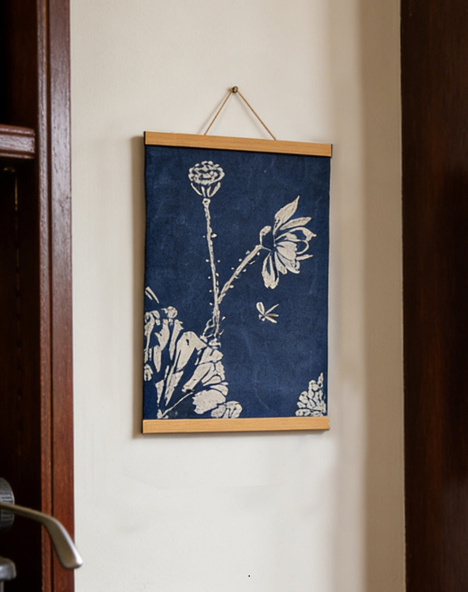 Indigo Batik Wall Hanging, Lotus Charm Handmade Batik Wall Art  Oriental Ink Wash Zen Entryway Decor Textile Wall Decor, Blue White Zen Wall Art, Framed Cotton Tapestry #BW18B