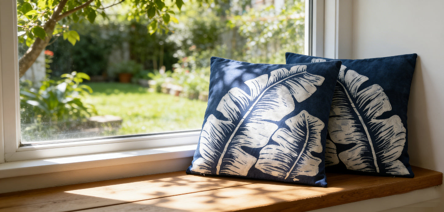 Two blue pillows with white leaf patterns on a windowsill with a garden view.