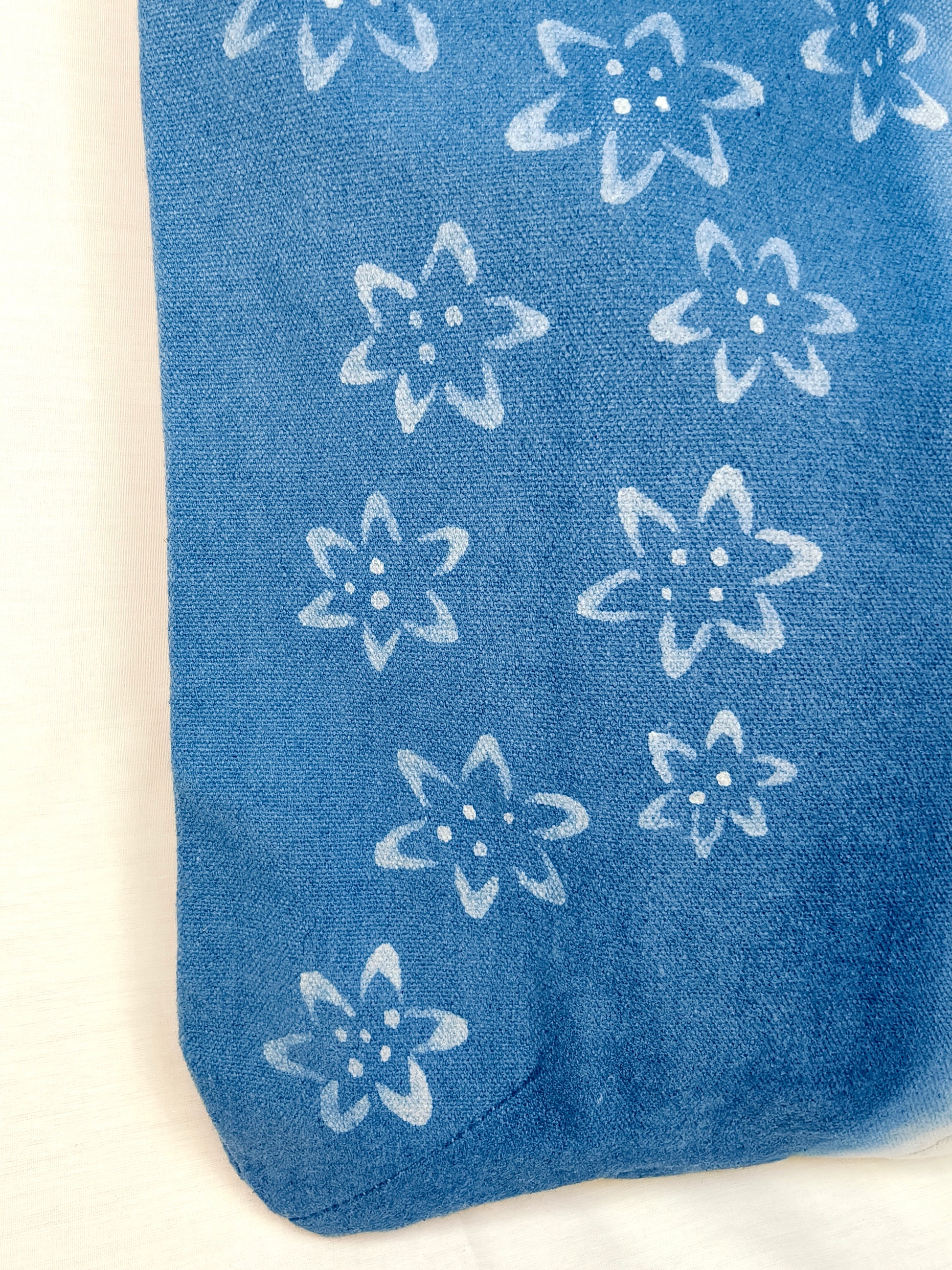 Blue fabric with white floral patterns on a white background