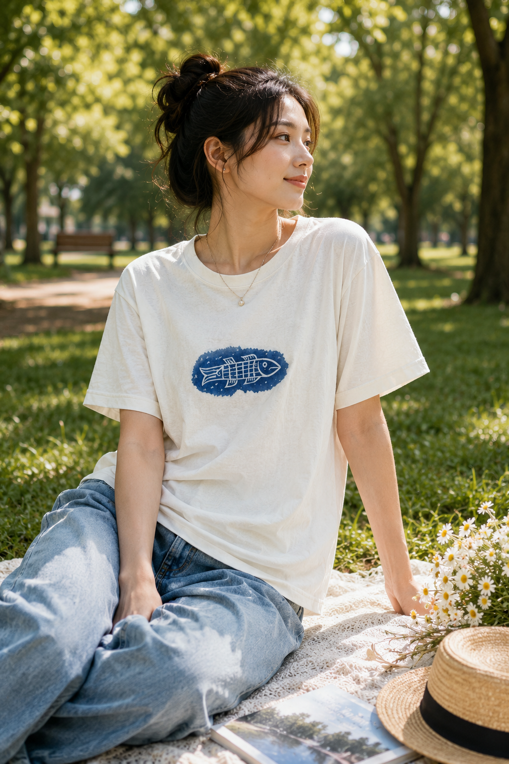 Handmade Han Dynasty Fish Batik T-Shirt | Natural Indigo Cotton Graphic Tee | Oriental Traditional Shirt | Hand-Dyed Unisex Art Tee | Cultural Gift