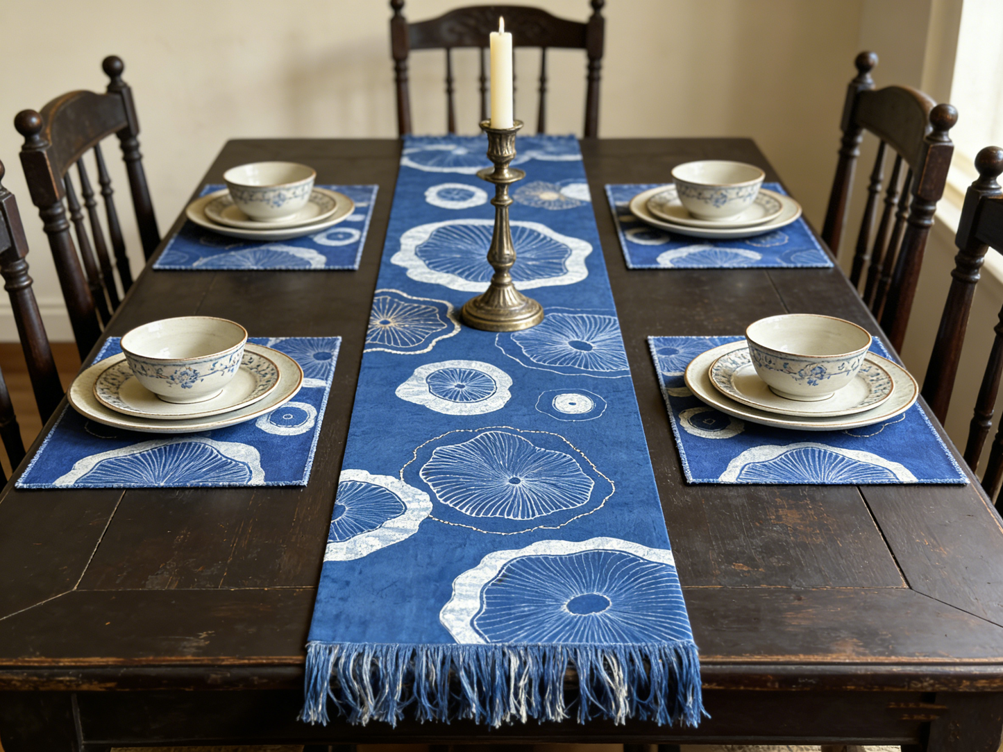 Hand-Painted Batik, Indigo Dyed Table Runner, Indigo Shibori Table Runner, Hand-Dyed Cotton Table Runner, Lotus in Water, Blue  White Table Linen, Farmhouse Centerpiece #BH22C